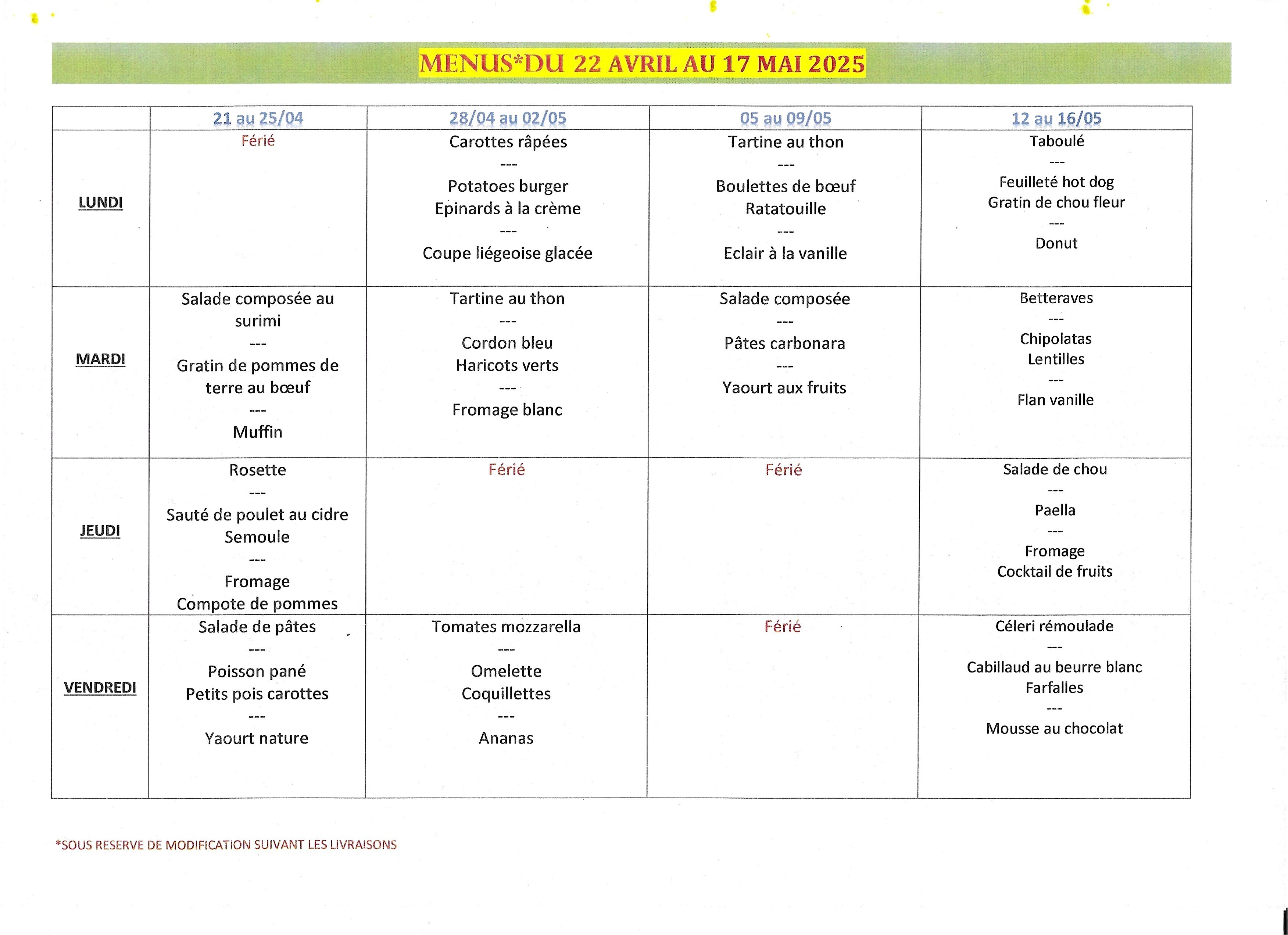 menu Avril/mai
