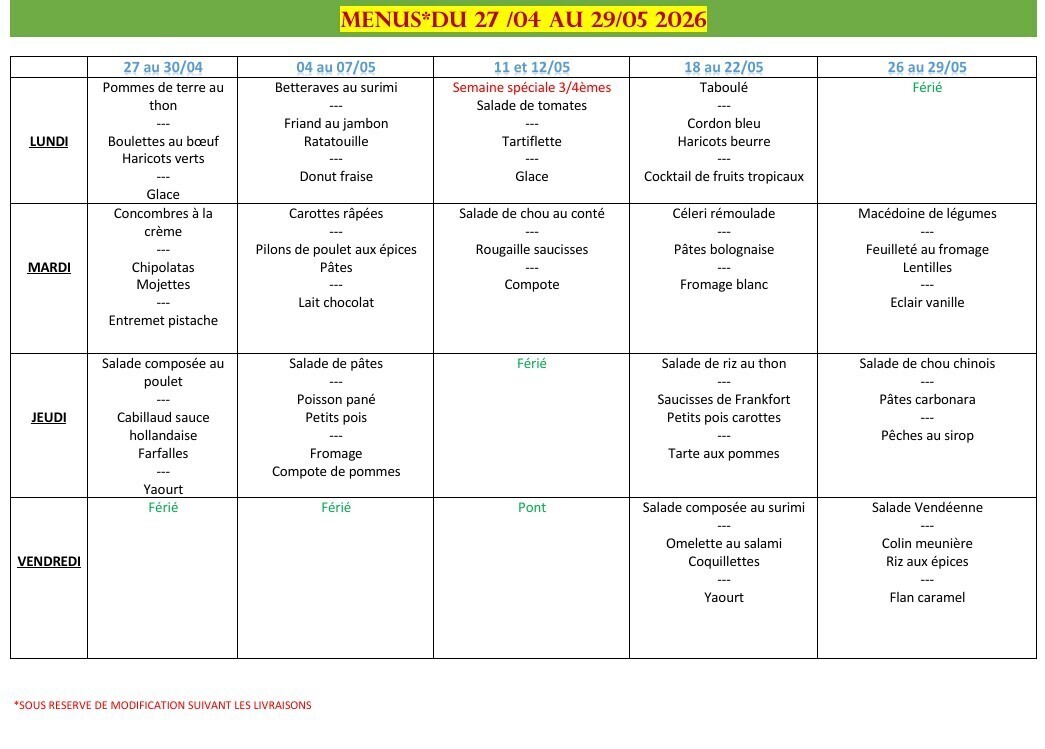 menus Avril Mai 2026